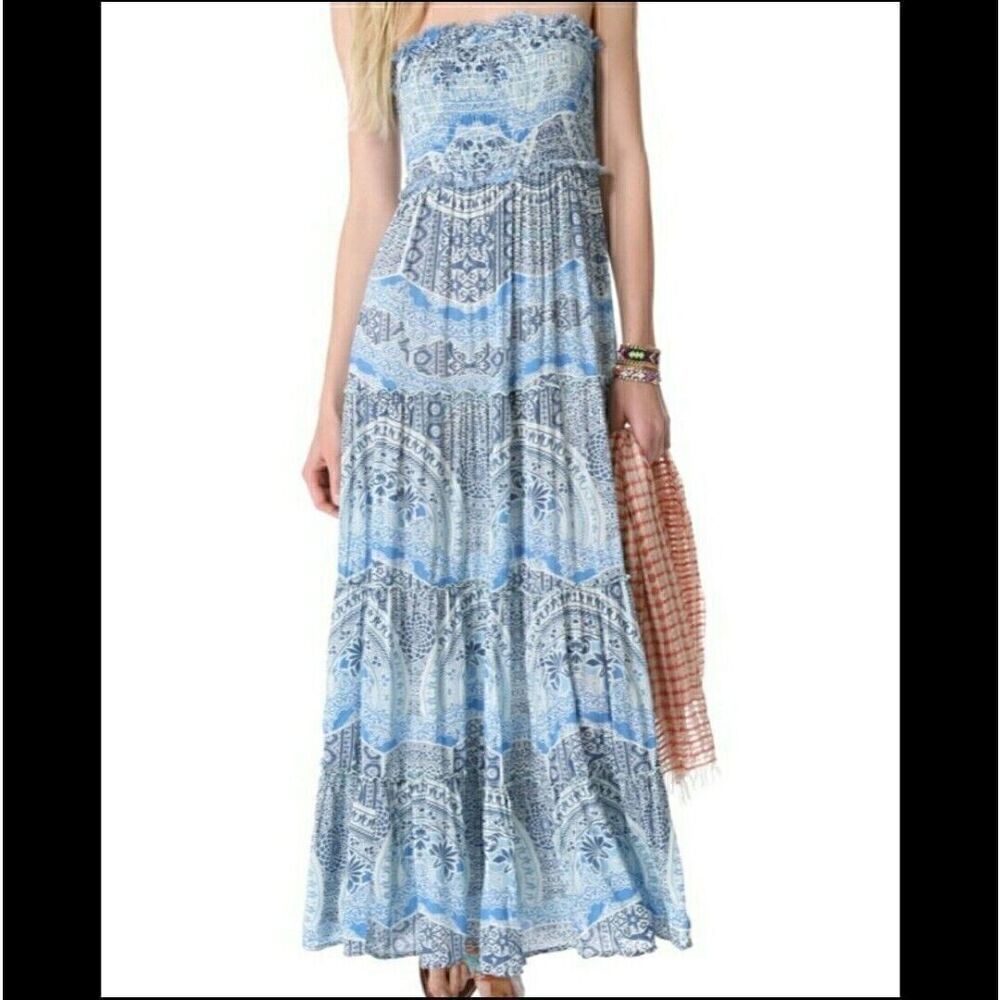Free People Easy Come Easy Go Maxi Dress Size Xs Blue Tiered Smocked